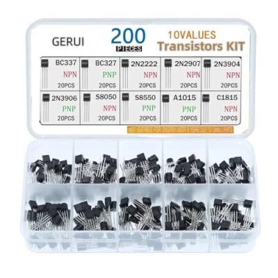 Immagine di Transistor Assortment Kit 10 Values 200pcs PNP NPN Transistors BC377 BC327 2N222 2N2907 2N3904 2N3906 S8050 S8550 A1015 C18150 TO 92