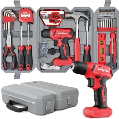 Immagine di Hi Spec Set di attrezzi da 57 pezzi per il fai te e la casa con Trapano Avvitatore Rosso 8V. Leggero, senza fili, portatile ricaricabile. utensili completo