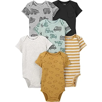 Immagine di Simple Joys by Carter&#039;s Short Sleeve Bodysuit Body, Costruzione/Orsi/Righe/Rinoceronte, 0 3 Mesi (Pacco da 6) Unisex Bambino