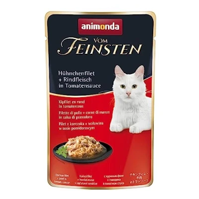 Immagine di animonda Vom Feinsten Adult cibo per gatti, alimento umido gatti adulti, in busta salvafreschezza, con filetto di pollo + manzo salsa pomodoro, 18 x 50 g