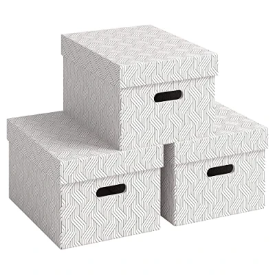 Immagine di Leitz von 61410001 Set di 3 contenitori con coperchio, 15 l, Medium, 100% cartone riciclato, design geometrico, per scuola, studio e casa, pezzi, colore: Bianco