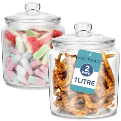 Immagine di HEFTMAN Barattolo in vetro con coperchio, 2 barattoli vuoti da 1 litro per dolci coperchio ermetico, robusti dolci, caffè, zucchero, cialde bucato (confezione 2)