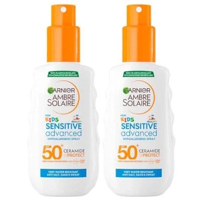 Immagine di Garnier Ambre Solaire Kids Sensitive Advanced SPF 50+ Spray Protezione Molto Alta Bambini Ipoallergenico e Resistente all&#039;Acqua con Ceramidi per Ripristinare Barriera Cutanea 2 flaconi da 150ml