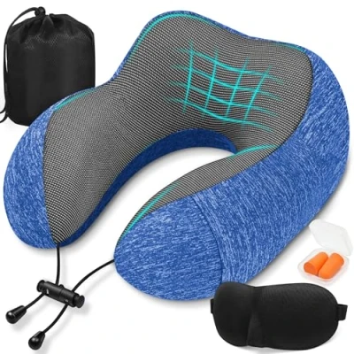 Immagine di SOMLAW Cuscino da Viaggio, Collo Memory Foam, Cervicale Ufficio Ergonomico Portatile, con Maschera per Dormir, Tappi auricolari, Borsa, Perfetto Aereo, Auto e Treno (Blu)