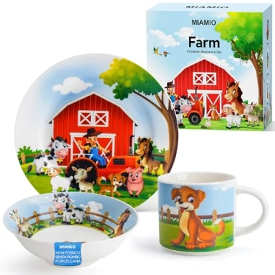 Immagine di MIAMIO set di 3 stoviglie per bambini/piatti bambini, piatti bambini include piatti, ciotole e tazze piccoli (Fattoria)