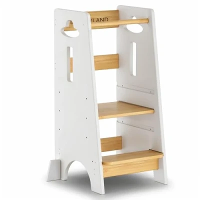 Immagine di COSYLAND Torre Montessoriana da 1 Anno bambini in Legno Più Spesso Torretta con Scala Regolabile a 3 Altezze per Bambini(Bianco&amp;Naturale)