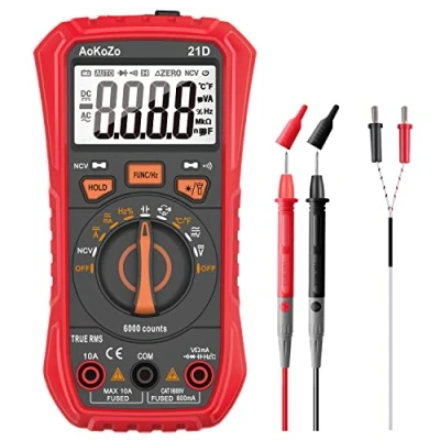 Immagine di Tester Digitale 6000 Conteggi, AoKoZo Multimetro Portatile,Tester Elettricista,Misura la tensione CC/CA, Corrente Resistenza, Capacità, Continuità del Circuito, NCV, TRMS