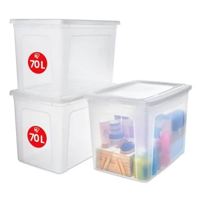 Immagine di Iris Ohyama Scatole Portaoggetti, 70L, Set di 3, Trasparente, Chiusura facile, Impilabile, Plastica Per Armadio, Scaffali, Scuola, Organizzazione, Giocattoli, Cartoleria , Scarpe, MCB 70