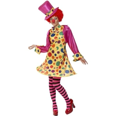 Immagine di SMIFFYS Costume da clown donna, multi colore abito con cappuccio, camicia, papillon, collant, cappello