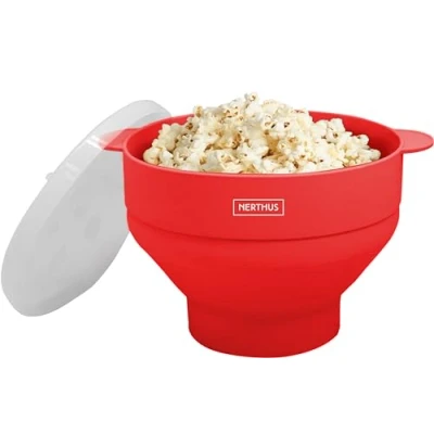 Immagine di NERTHUS FIH 1232 Contenitore per popcorn. Palcorn microonde con manici e coperchio. Realizzato in silicone di alta qualità. Pieghevole.