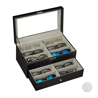Immagine di Relaxdays Scatola per 12 Paia di Occhiali, Espositore, Dimensione HxLxP: 15,5 x 33,5 19,5 cm, Box in finta pelle, Nera, PU, Vetro, Nero, Set da 1
