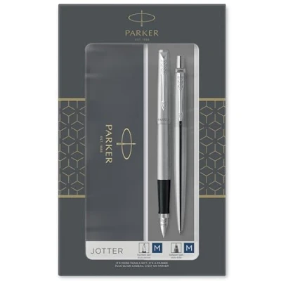 Immagine di Parker Jotter Duo Set con Penna a Sfera e Stilografica in Acciaio Inossidabile Finiture Cromata, Confezione Regalo