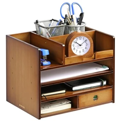 Immagine di Navaris Desk Organizer Porta Oggetti Scrivania Ufficio Minicassettiera lettere Legno Bambù 33x24x26cm Organizzatore Cancelleria a Cassettini