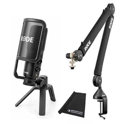Immagine di Rode NT USB+ Plus microfono a condensatore USB + PSA1+ braccio snodato nero panno in microfibra Keepdrum