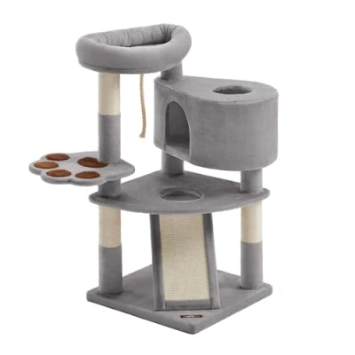 Immagine di Feandrea Albero per Gatti, Tiragraffi con Piattaforma e Grotta, Rampa Graffiatoio, Multilivello, Gatti Fino a 7 kg, 49 x 95 cm, Facile da Assemblare, Grigio PCT40W