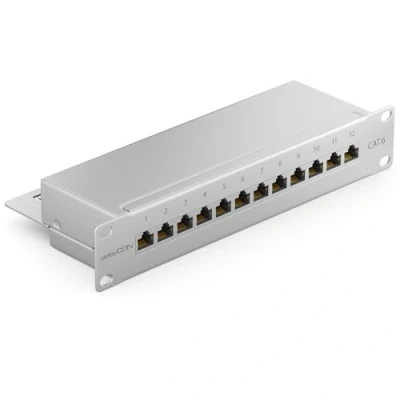 Immagine di deleyCON CAT6 Patch Panel 12 Porte del Desktop 10 Pollici Montaggio Rack Assemblaggio Server 12x RJ45 Schermato TIA568A TIA568B Grigio Chiaro