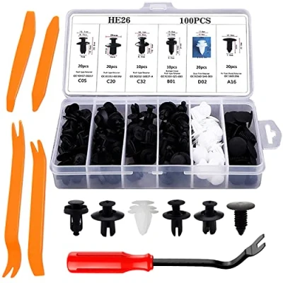 Immagine di Rivetti in Plastica per Auto,100 Pezzi Clip Nylon Nero Automatico Universale Rivetto di Rivestimento parafango paraurti della portiera dell&#039;auto con Strumenti Rimozione