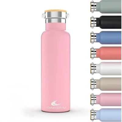 Immagine di Daikoku Bottiglia, Termos in Acciaio Inossidabile a Doppia Parete, Mantiene Bevande Calde o Fredde per Ore, Due Tappi, Rosa, 500 ML