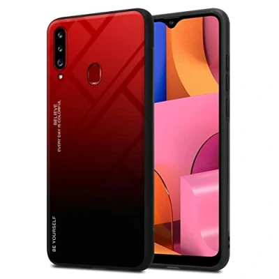 Immagine di Cadorabo Custodia compatibile con Samsung Galaxy A20s in ROSSO NERO Coperchio protettivo bicolore silicone TPU e retro vetro temperato