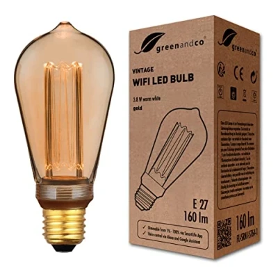 Immagine di greenandco® lampadina LED intelligente WiFi con app (nessun hub richiesto) Vintage Design E27 ST64, 3.8W 160lm 1800K 230V, senza sfarfallio, dimmerabile, compatibile Alexa e Google Assistant