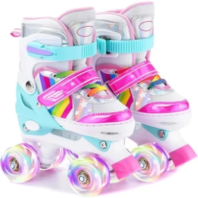 Immagine di ERNAN pattini a Rotelle regolabili. patini bambini 4 ruote luminosi per ragazze e ragazzi. Comodi ideali principianti (Rainbow B, M)