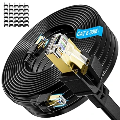 Immagine di Soibke Cavo Ethernet 30 Metri, Cat 8 Schermato LAN 30m Piatto Filo da Esterno 40Gbps 2000MHz di Rete Alta Velocità RJ45 Gigabit Internet Nero Patch Lungo per Router