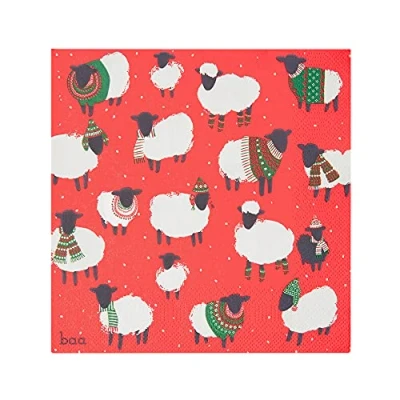 Immagine di Talking Tables Confezione da 20 tovaglioli natalizi con pecore, carta rossa per Natale, festa di boxe, cene invernali, decoupage