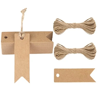 Immagine di G2PLUS 100 PCS Etichette Regalo,Etichette in Carta Kraft,7x2CM Tag Regalo Mini Etichettes con Spago per Matrimoni,Compleanni e Natale (Marrone)