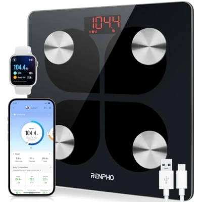 Immagine di RENPHO Bilancia Bluetooth per Grasso Corporeo, Digitale Intelligente IMC Pesapersone Bagno, Ricarica USB Analisi Composizione Corporea con App