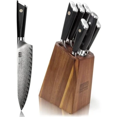 Immagine di SHAN ZU Ceppo Coltelli da Cucina 7 Pezzi in Damasco Giapponesi Set di Coltello Chef 67 Strati AUS 10 Acciaio ad Alto Tenore Carbonio con Manico Fibra Vetro G10