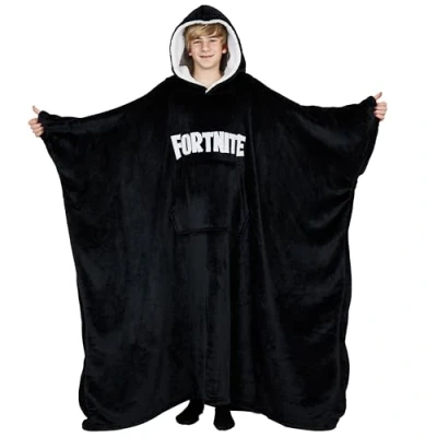 Immagine di Fortnite Oversize Felpa Ragazzo Adolescenti 14+, Cappuccio Coperta Indossabile, Extra Lungo Poncho Pile da Giocatore Regali Bambini (Nera Lunghe)