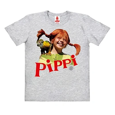Immagine di Logoshirt®️ Pippi Calzelunghe I Signor Nilsson Maglia T Shirt Stampate Cotone bio Bambini Ragazzo Grigio Melange Design Originale su Licenza Taglia 5 6 Anni
