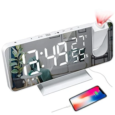 Immagine di YUNYODA Sveglia a proiezione, Digitale LED con Superficie Specchio, Porta di Ricarica USB,Snooze, Doppia Sveglia, Radio FM,modalità 3Dimming,Temperatura umidità, impostazione 12/24 Ore