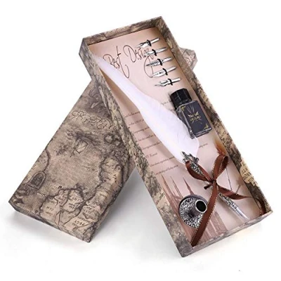 Immagine di Classica Retro Fountain Feather Pen Dip Penna Scatola di Scrittura Set Metallo Calligrafia Piuma con 5 Pennini per Natale Valentine ECC. (Bianco)