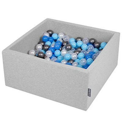 Immagine di KiddyMoon 90X40cm/200 Palline ∅ 7CM Quadrato Piscina di Colorate per Bambini Fabbricato in EU, Grigio Ch:Perla/Blu/Azzurro/Trasparente/Argento