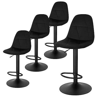 Immagine di Lestarain Set di 4 Sgabelli da Bare Cucina, Alti con Schienale in Velluto, Sedie Bar Poggiapiedi, Sedile Altezza Regolabile 60 81 cm, Girevole a 360,in Metallo, Nero, LBAI64003