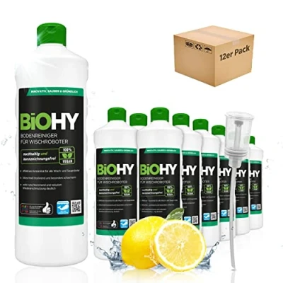Immagine di BiOHY Detersivo per pavimenti robot di pulizia (12 bottiglie da 1l) + Distributore Concentrato tutti i e aspirazione (Wischroboter)
