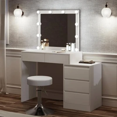 Immagine di WOLTU Toiletta Trucco con Specchio e Sgabello, Illuminazione Led Dimmerabile, Sgabello Regolabile in Altezza, Postazione 5 Cassetti, Cassettiera, Scrivania Bianco, MB6116ws