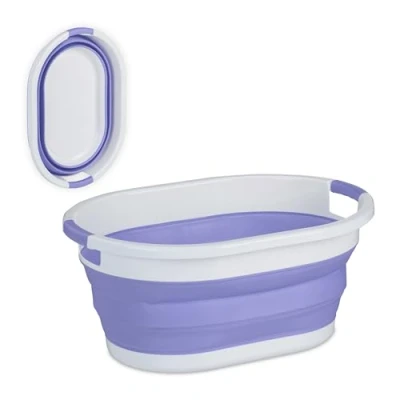 Immagine di Relaxdays Cesto Portabiancheria Pieghevole, 36 Litri, Contenitore Salvaspazio in Plastica con Impugnature, Viola Bianco