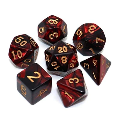Immagine di set di dadi neri e rossi per dungeon dragons, 7 giochi ruolo