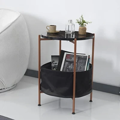 Immagine di [en.casa] Tavolino Basso da Divano (AxØ) 59 x 47 cm caffè con Cesto Contenitore in Tessuto e Piano Rotondo Color Bronzeo/Effetto Marmo Nero