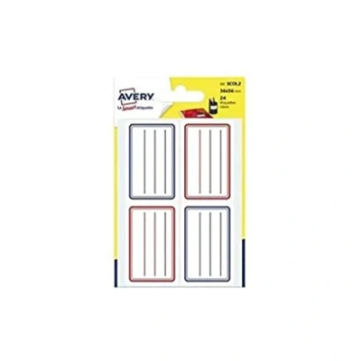 Immagine di Avery Confezione da 24 etichette per scolaro a righe blu/rosse, formato 36 x 56 mm