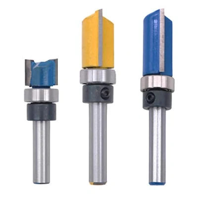 Immagine di POFET Router Bit Set 3 pz Doppio Dritto Flauto Trim Modello Cutter 1/4 &quot;Lavorazione Del Legno Fresatura Strumenti con Cuscinetto Superiore