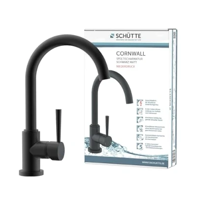 Immagine di SCHÜTTE 79169 Bassa Pressione, con beccuccio Alto, Miscelatore monocomando a Risparmio energetico, orientabile 360, Rubinetto da Cucina, Nero