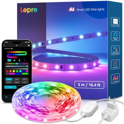 Immagine di Lepro S1 AI Striscia LED 5M, Illuminazione Generata dall&#039;AI LLM,Smart Strisce LED,Luci Natale Camera da Letto,Funziona con Alexa/Google Assistant/APP,Sync Musicale per TV Gaming Bar Festa