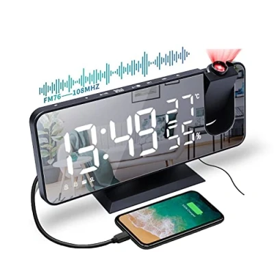 Immagine di Sveglia Digitale da Comodino, Radiosveglia Proiettore , FM Orologio con Doppi Allarmi, 3 Livelli Luminosità, USB Porta di Ricarica, 12/24 Ora, Snooze, 15 Volume (Senza Adattatore)