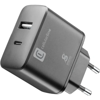 Immagine di Cellularline Caricabatterie da Rete 2 porte USB e C con tecnologia Super Fast Charging 25W