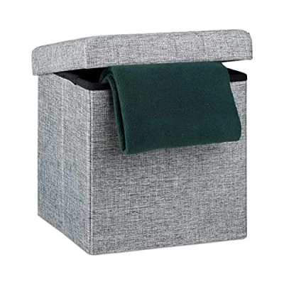 Immagine di Relaxdays Pouf Pieghevole Con Contenitore, Sgabello a Forma di Cubo, Lino, Coperchio Rimovibile, 38x38x38 cm; Grigio