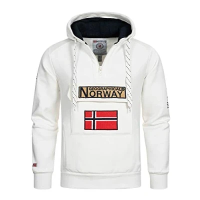 Immagine di Geographical Norway Gymclass Men Felpa Uomo con Cappuccio Tasca A Canguro Zip Felpe Pullover Hoody Neve Maniche Lunghe Abito Ideale Primavera Estate Autunno Inverno (Bianco XL)