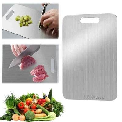 Immagine di Gxlaihly Tagliere in Acciaio Inox,34 x 23 cm Titanio,Tagliere Inossidabile,Doppio Lato Inossidabile,per carne,pane,verdure,frutta